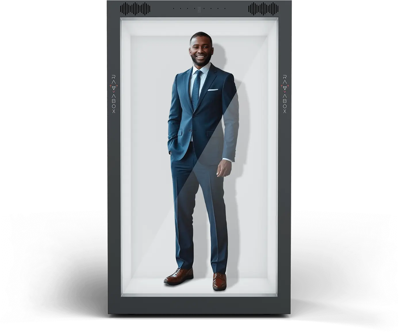 full-body AI avatar delivering a keynote with gestures and vocal dynamics at a tech summit