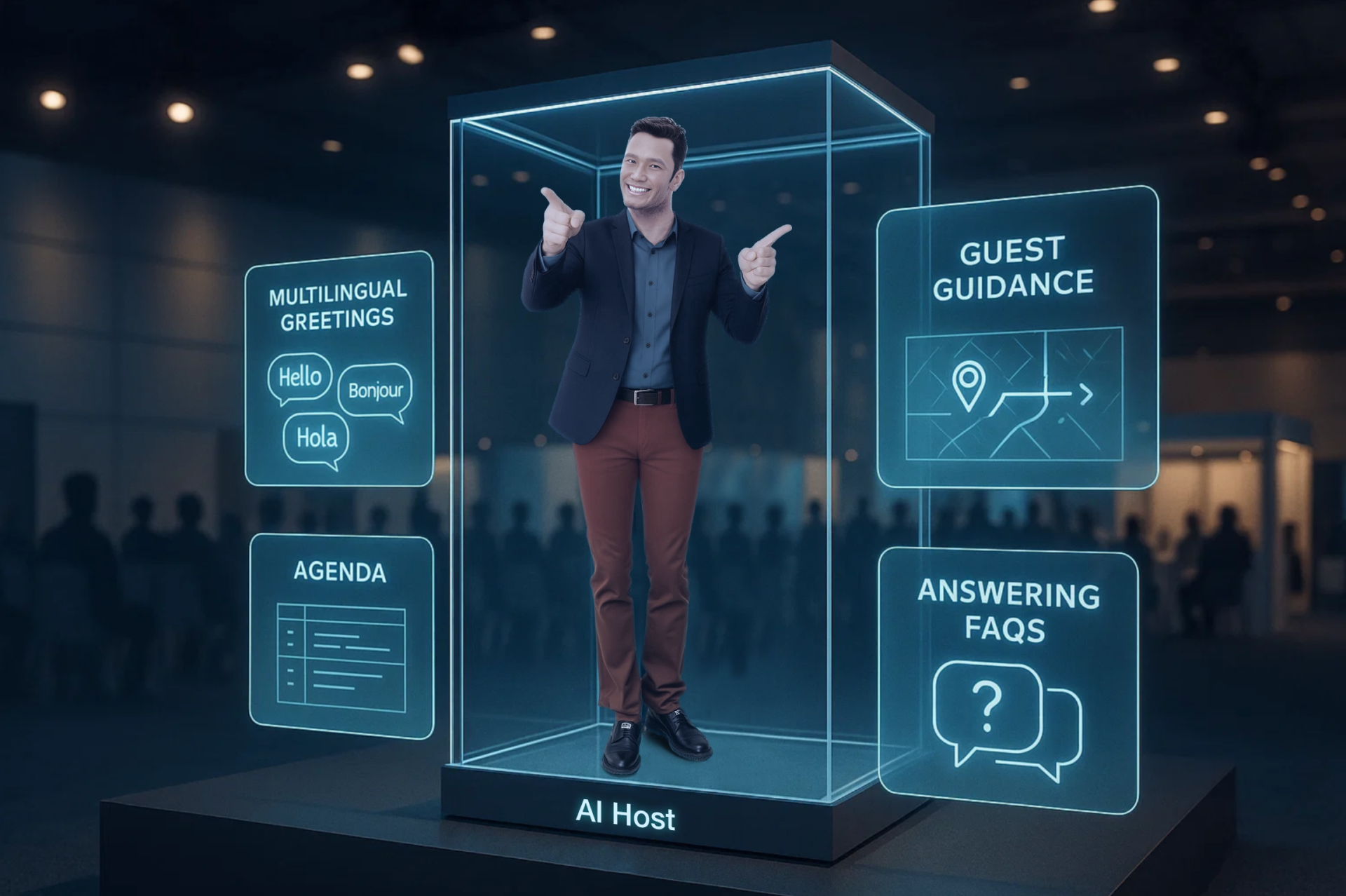 event planner setting up AI host main functions best guidelines for events industry