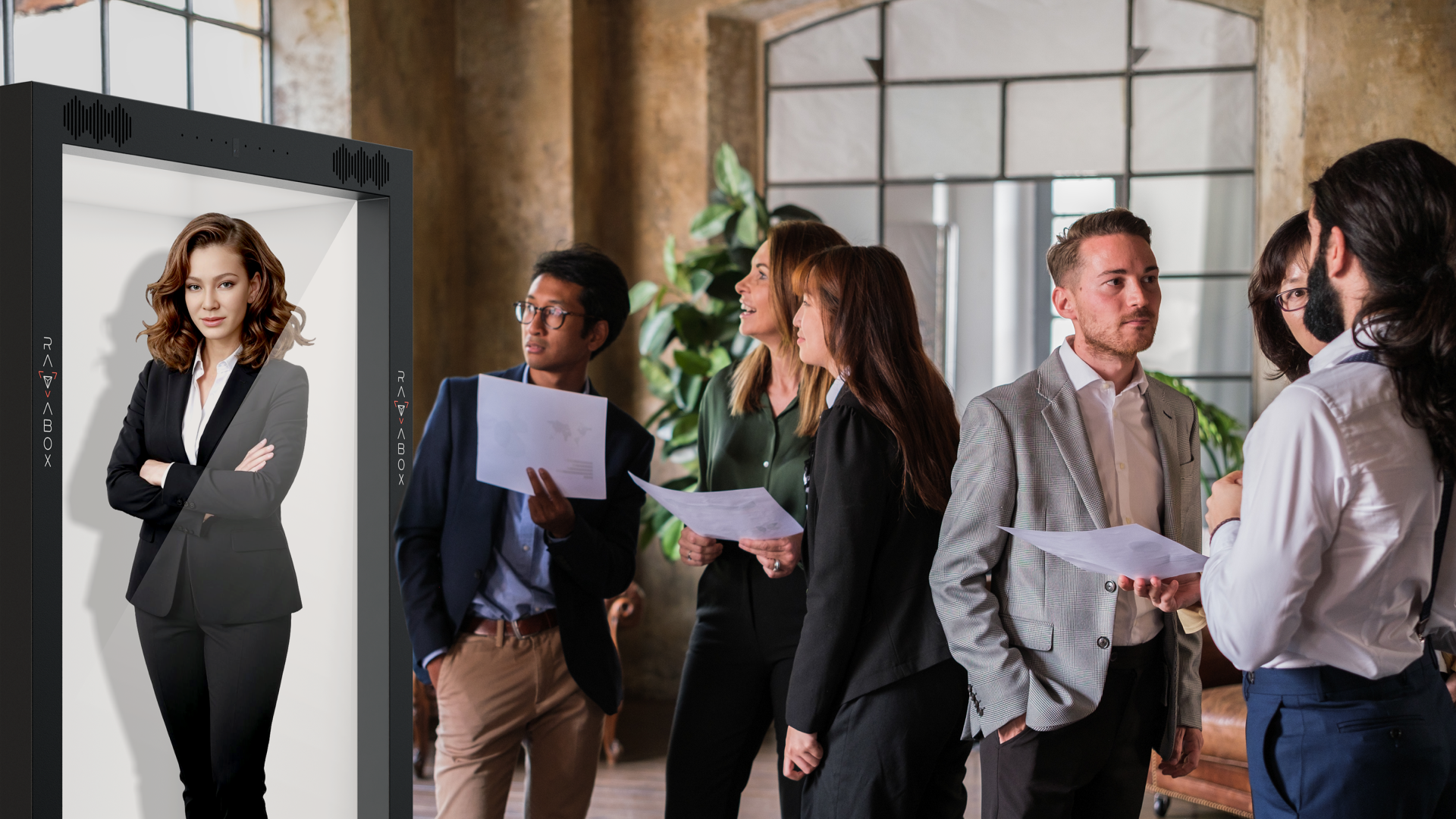 AI avatar host greeting attendees at a conference entrance