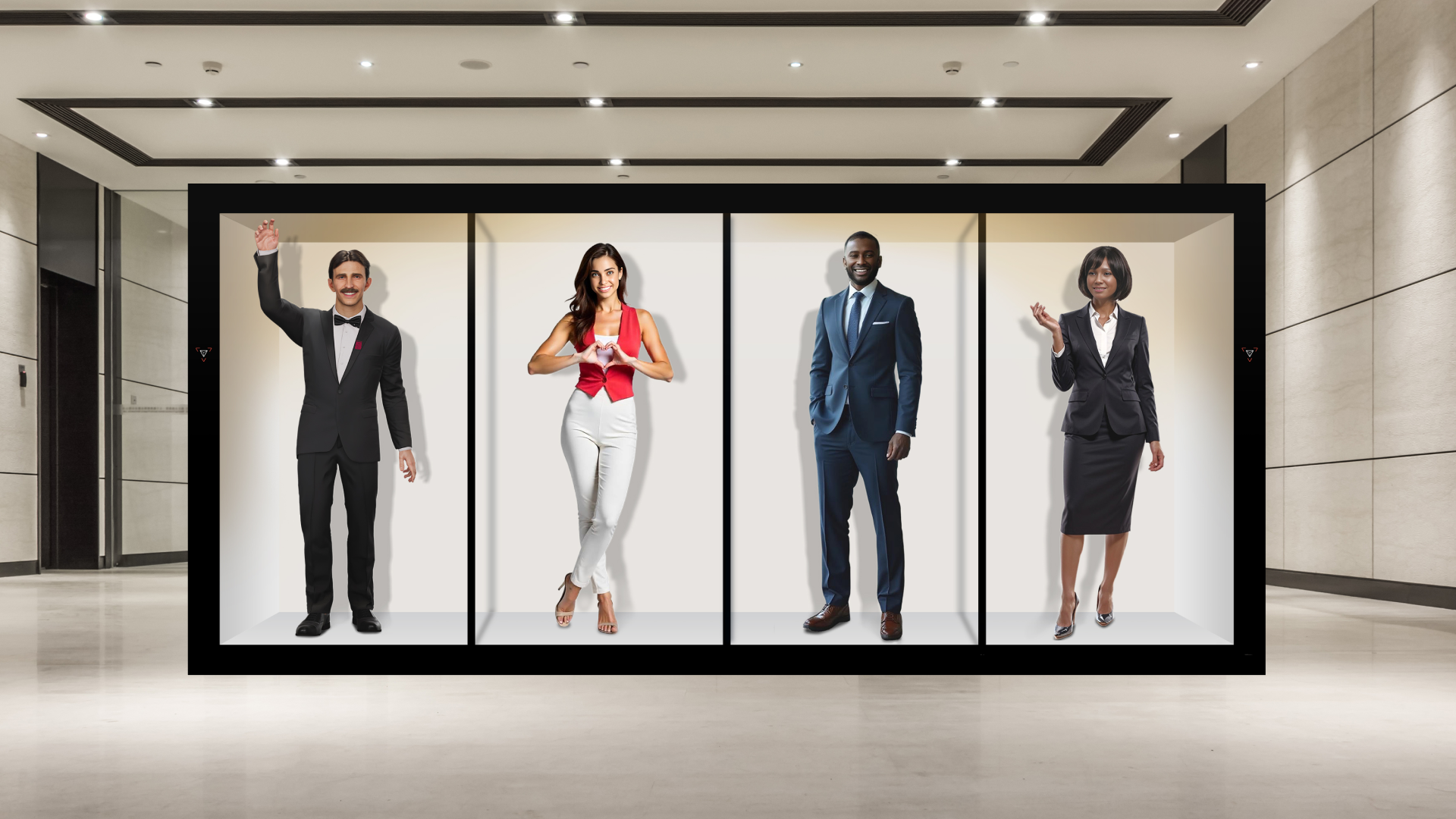full-body ai avatars projected in a large-scale holographic wall at a business venue
