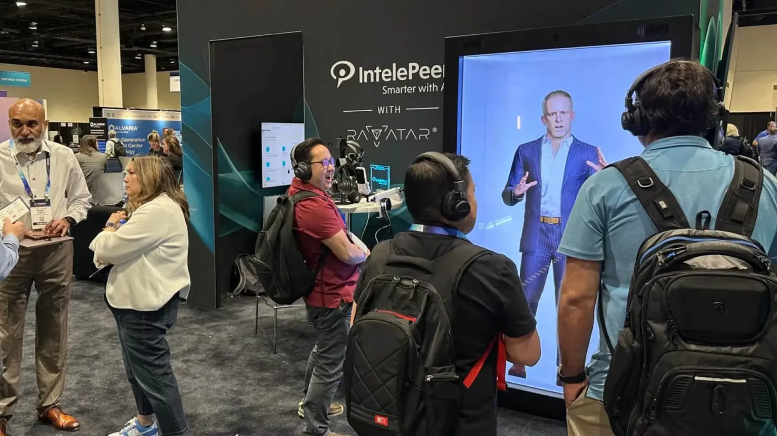 full-body AI brand ambassador explaining product features at expo stand